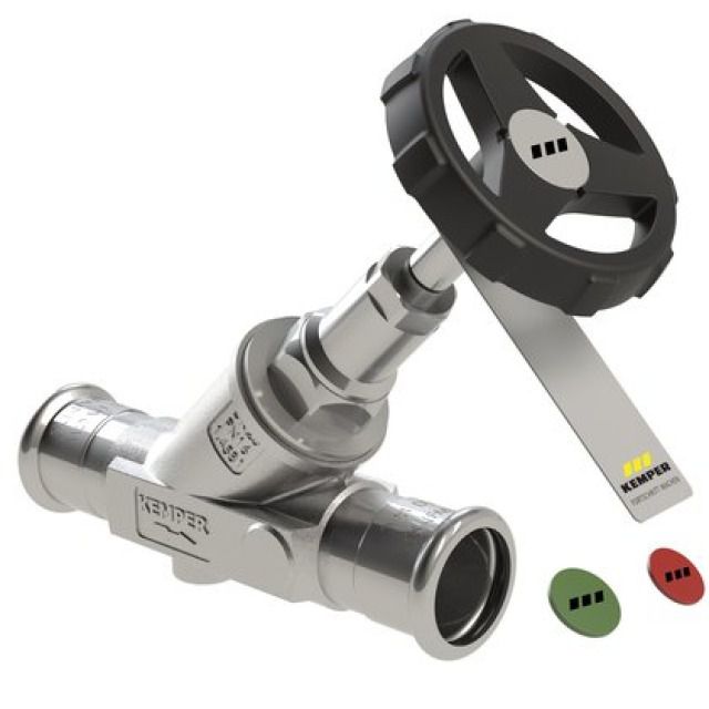 KEMPER NIRO Freistrom-
Absperrventil mit Mapress
Pressanschlüssen 28 mm
PN 16, max. 110° C
mediumberührte Metallteile aus
Edelstahl