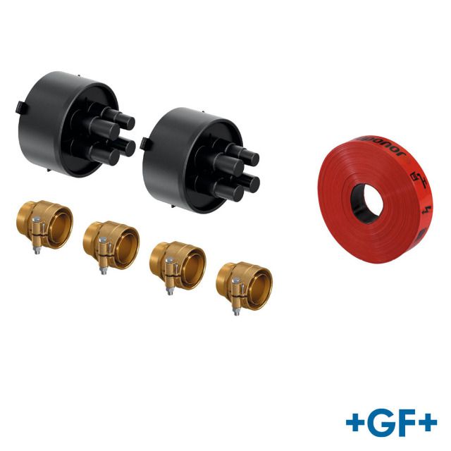 Uponor Ecoflex Thermo kit de
raccordement Twin HP 40x3,7/175
- 4 raccords 40x3,7 AG 5/4"
- 2 embouts en caoutchouc 175mm
- 30m ruban avertisseur de tranchée