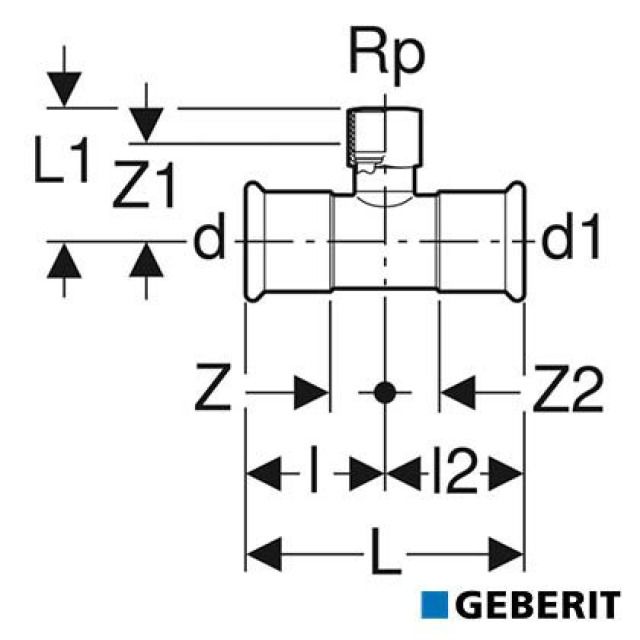 Geberit Mapress Therm
Té avec filetage intérieur
d=76.1, Rp=3/4", d1=76.1