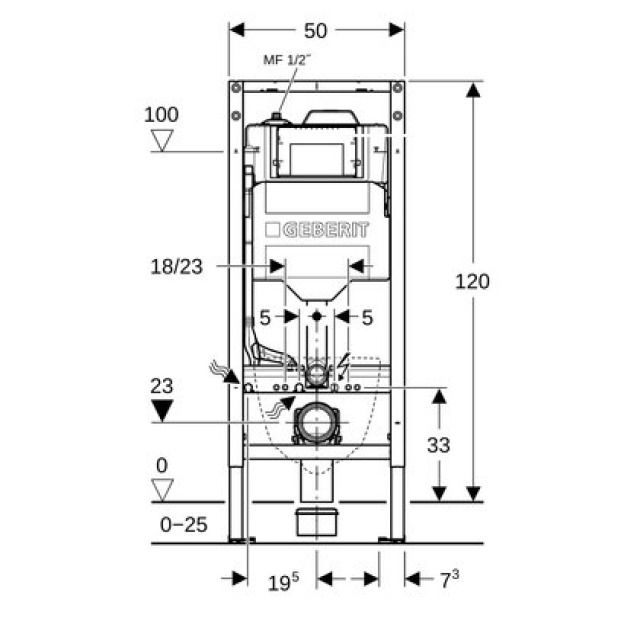 Wandklosettelement Geberit
Duofix Sigma, Höhe 120 cm,
Breite 50 cm, Ausladung max.
62 cm, Montagerahmen Füsse
verstellbar Einbauspülkasten
für Betätigung von vorne mit - Geberit SetApp kompatibel
Netzteil 230V/12V, mit HS30-1
Hygienespülung mit einem
Wasseranschluss