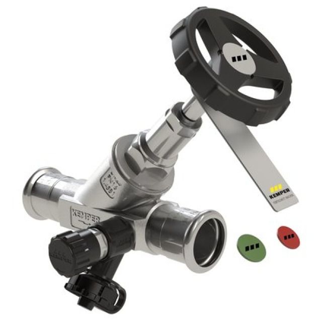 KEMPER NIRO Freistrom-
Absperrventil mit Mapress
Pressanschlüssen 22 mm
PN 16, max. 110° C
mit Entleerventil
mediumberührte Metallteile aus - Edelstahl