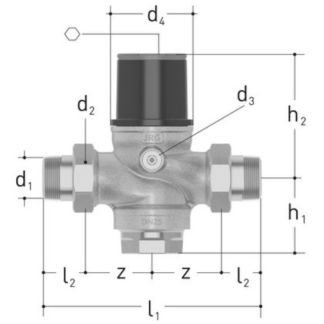 JRGURED Druckreduzierventil
DN32, Verschraubungen R1 1/4"
mit RG-Filterbecher
Werkseinstellung 6 bar
Rotguss